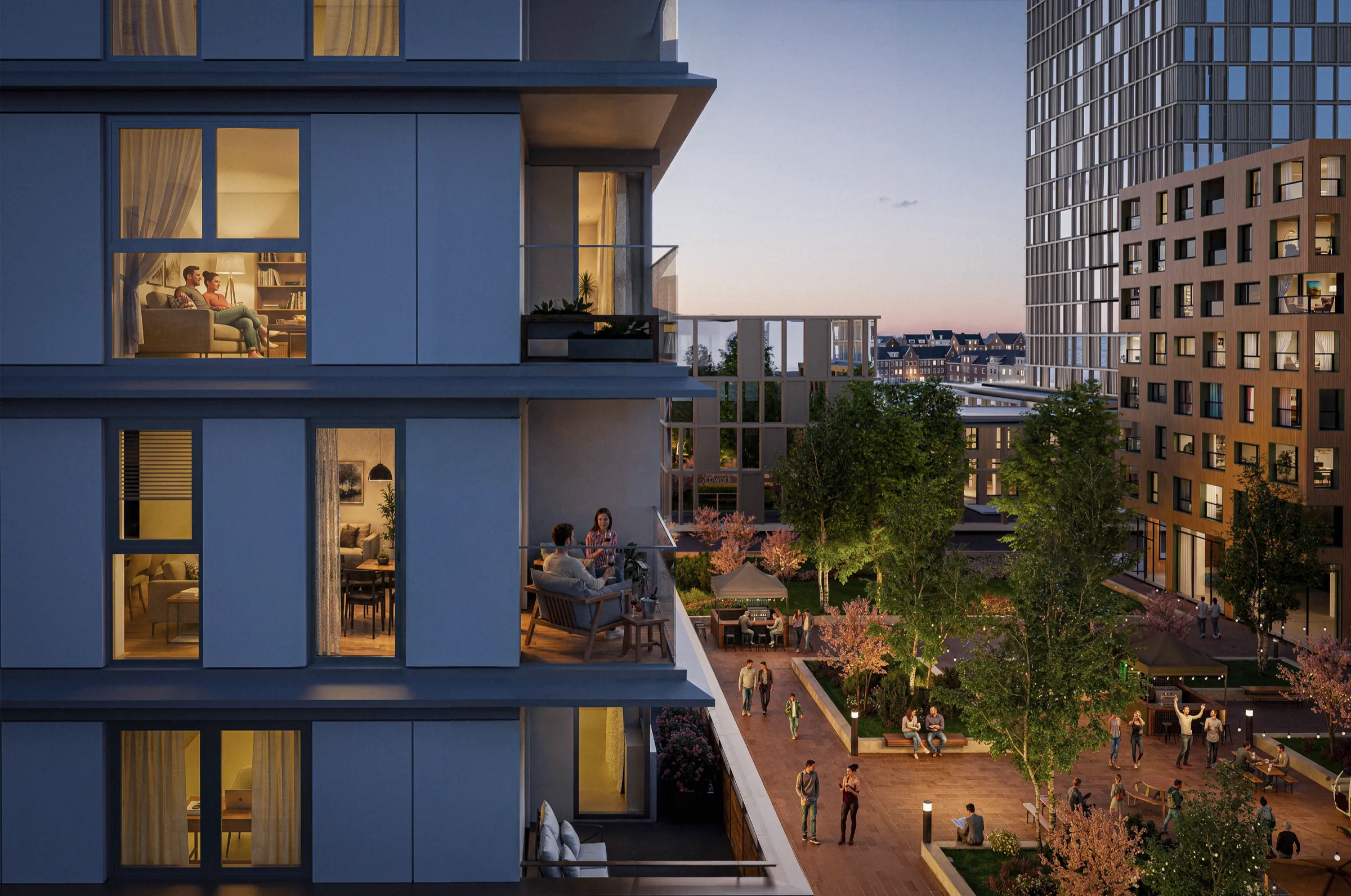 Avondimpressie: bewoners op hun balkon met uitzicht op het levendige hof van MORE